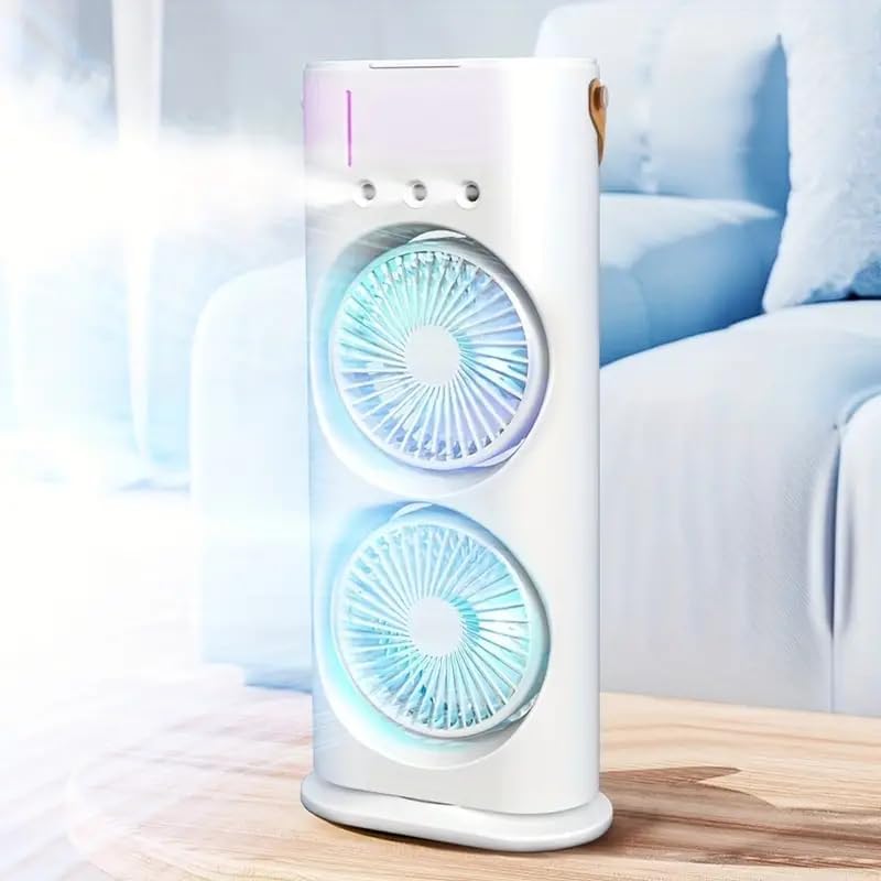 Mini Air Coller Fan, Double-Ended Spray Cooling Fan With Mist Humidifier | Rechargeable USB FAN | 3 Speeds, 7 Color LED Light, Remote Control | Mini Fan - WHITE