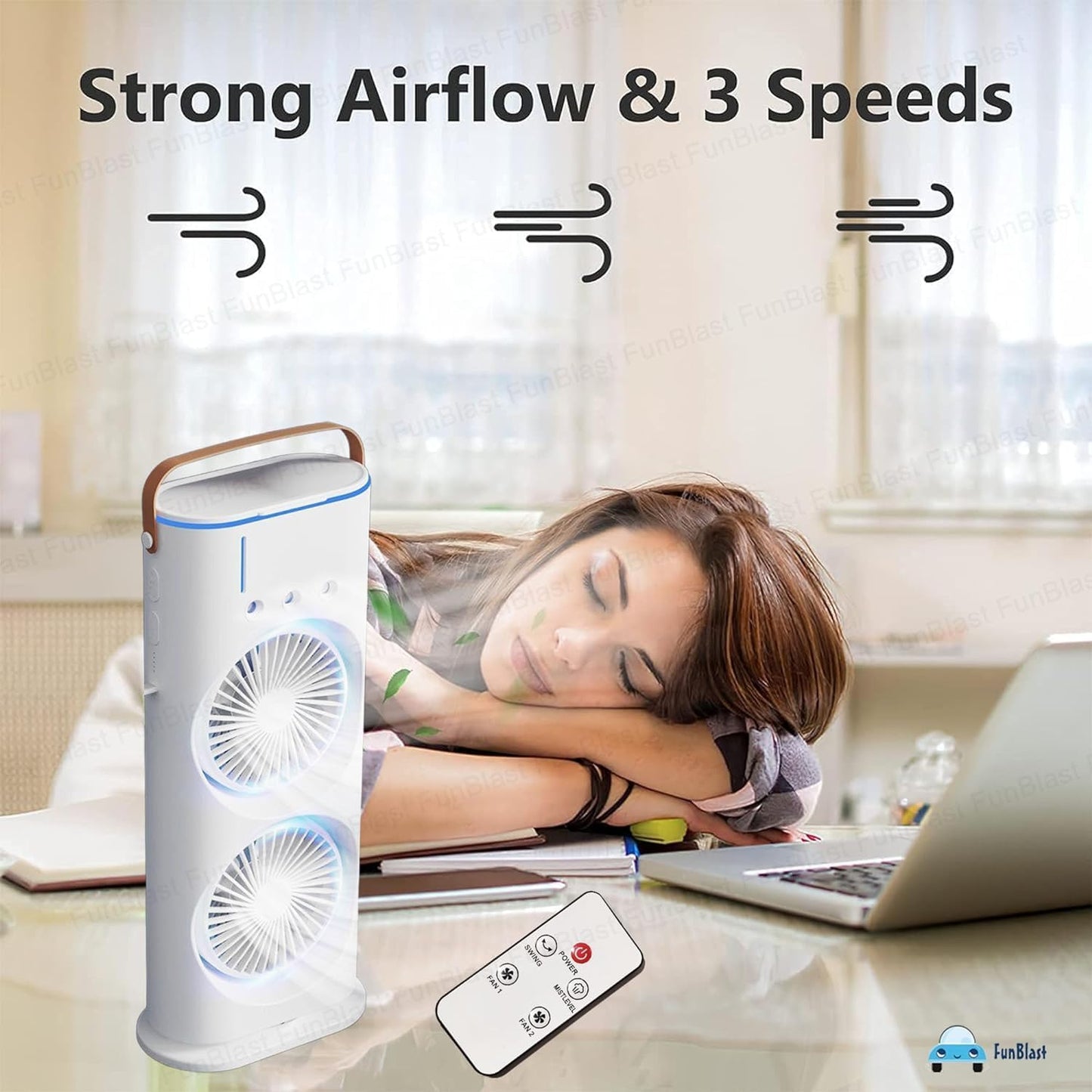 Mini Air Coller Fan, Double-Ended Spray Cooling Fan With Mist Humidifier | Rechargeable USB FAN | 3 Speeds, 7 Color LED Light, Remote Control | Mini Fan - WHITE