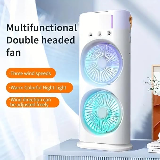 Mini Air Coller Fan, Double-Ended Spray Cooling Fan With Mist Humidifier | Rechargeable USB FAN | 3 Speeds, 7 Color LED Light, Remote Control | Mini Fan - WHITE