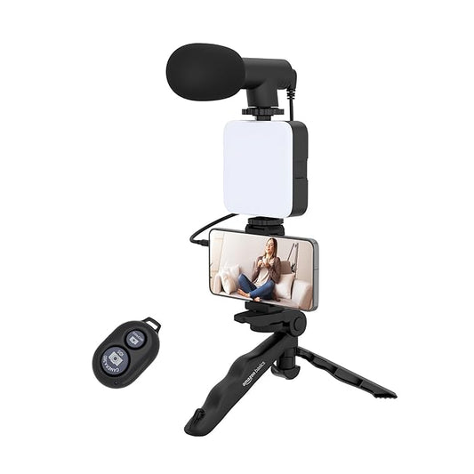6-in-1 Vlogging Kit for All Phones | Tripod, LED Video Light, Cardioid Microphone, Phone Clip, Bluetooth Remote & Microphone Cable | Useful for Live Broadcasting, Video Calling