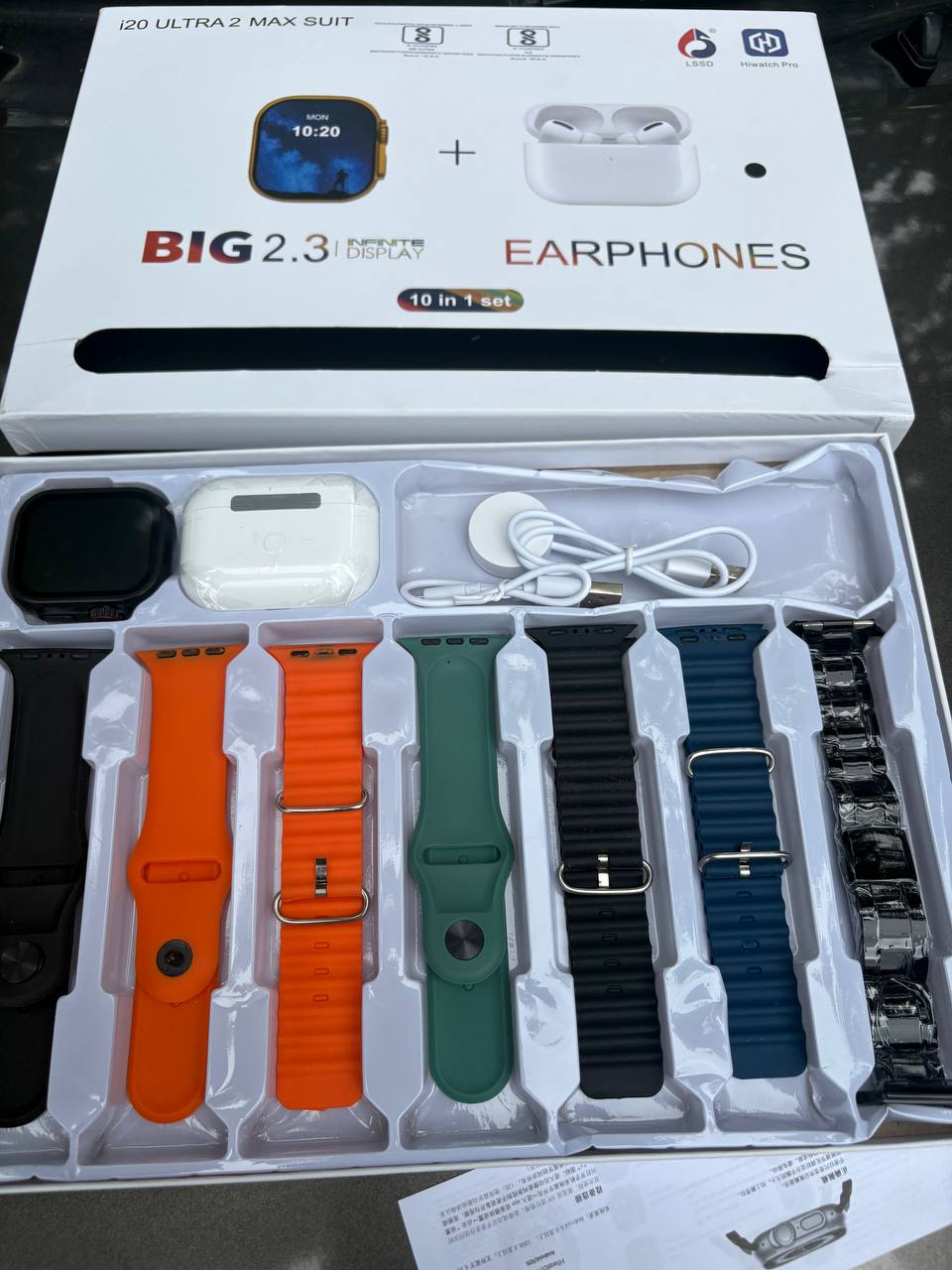 i20 Ultra MAX Suit | 10 in 1 Set i20 Ultra MAX Suit SmartWatch + Aiirpods Pro with Transparent Watch Screen Guard with 7 Straps | HD Display | Bluetooth Calling | Sports Mode