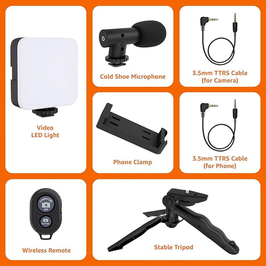 6-in-1 Vlogging Kit for All Phones | Tripod, LED Video Light, Cardioid Microphone, Phone Clip, Bluetooth Remote & Microphone Cable | Useful for Live Broadcasting, Video Calling