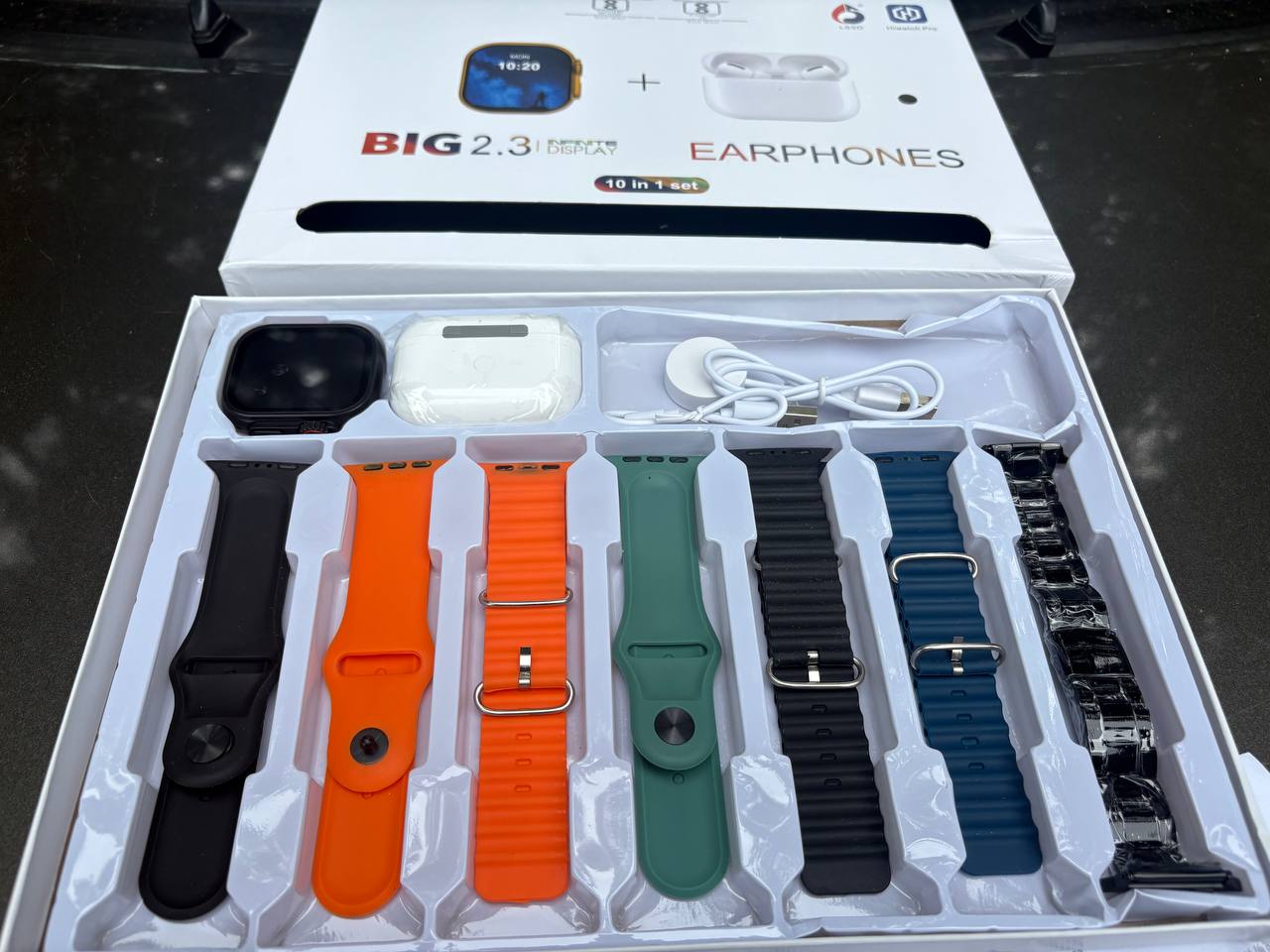 i20 Ultra MAX Suit | 10 in 1 Set i20 Ultra MAX Suit SmartWatch + Aiirpods Pro with Transparent Watch Screen Guard with 7 Straps | HD Display | Bluetooth Calling | Sports Mode