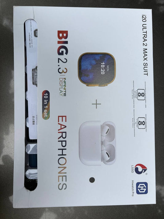 i20 Ultra MAX Suit | 10 in 1 Set i20 Ultra MAX Suit SmartWatch + Aiirpods Pro with Transparent Watch Screen Guard with 7 Straps | HD Display | Bluetooth Calling | Sports Mode