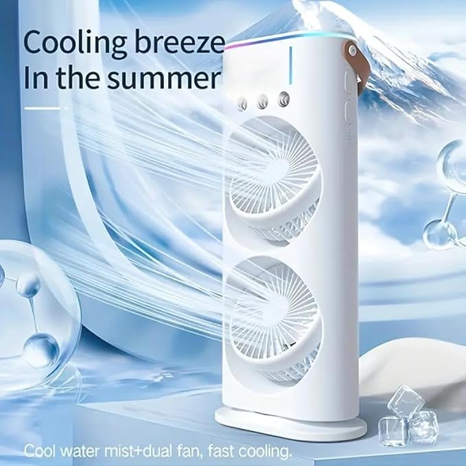 Mini Air Coller Fan, Double-Ended Spray Cooling Fan With Mist Humidifier | Rechargeable USB FAN | 3 Speeds, 7 Color LED Light, Remote Control | Mini Fan - WHITE